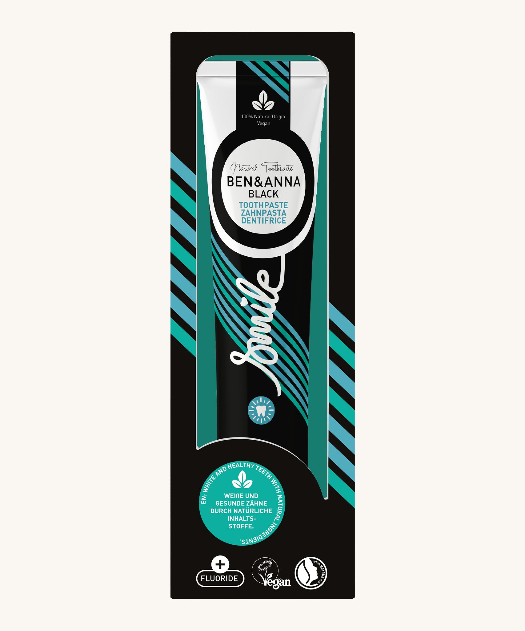 Ben & Anna certified 100% natural activated charcoal toothpaste showing a black, green and blue retro style design on the packaging with a playful smile slogan in white in the middle