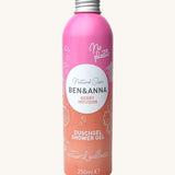 Ben and Anna shower gel in berry infusion fragrance showing the playful design on a pink and orange gradient aluminium bottle   