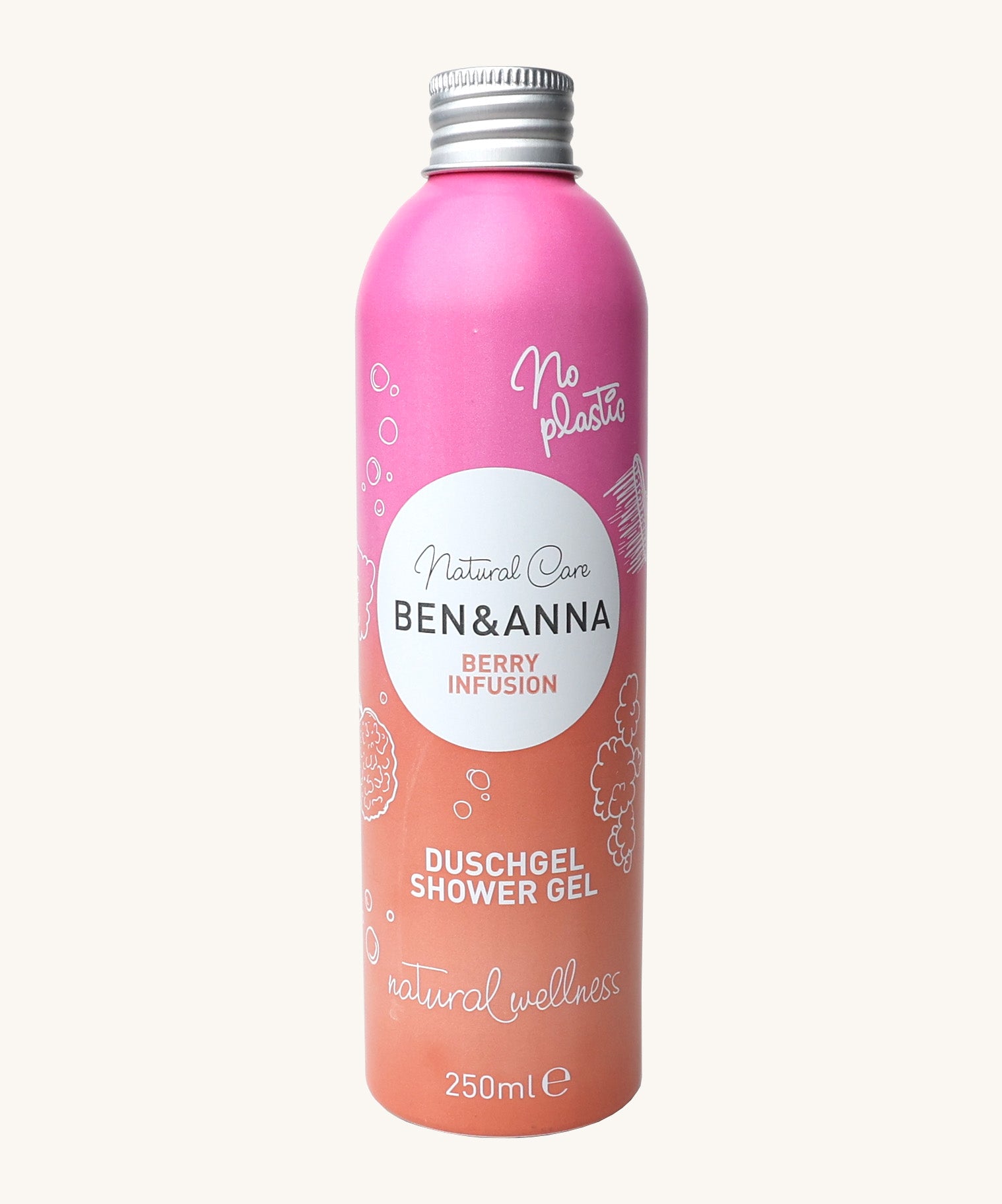 Ben and Anna shower gel in berry infusion fragrance showing the playful design on a pink and orange gradient aluminium bottle   