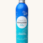 Ben and Anna shower gel in blue lagoon fragrance showing the playful design on a blue gradient aluminium bottle   