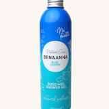 Ben and Anna shower gel in blue lagoon fragrance showing the playful design on a blue gradient aluminium bottle   