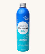 Ben and Anna shower gel in blue lagoon fragrance showing the playful design on a blue gradient aluminium bottle   