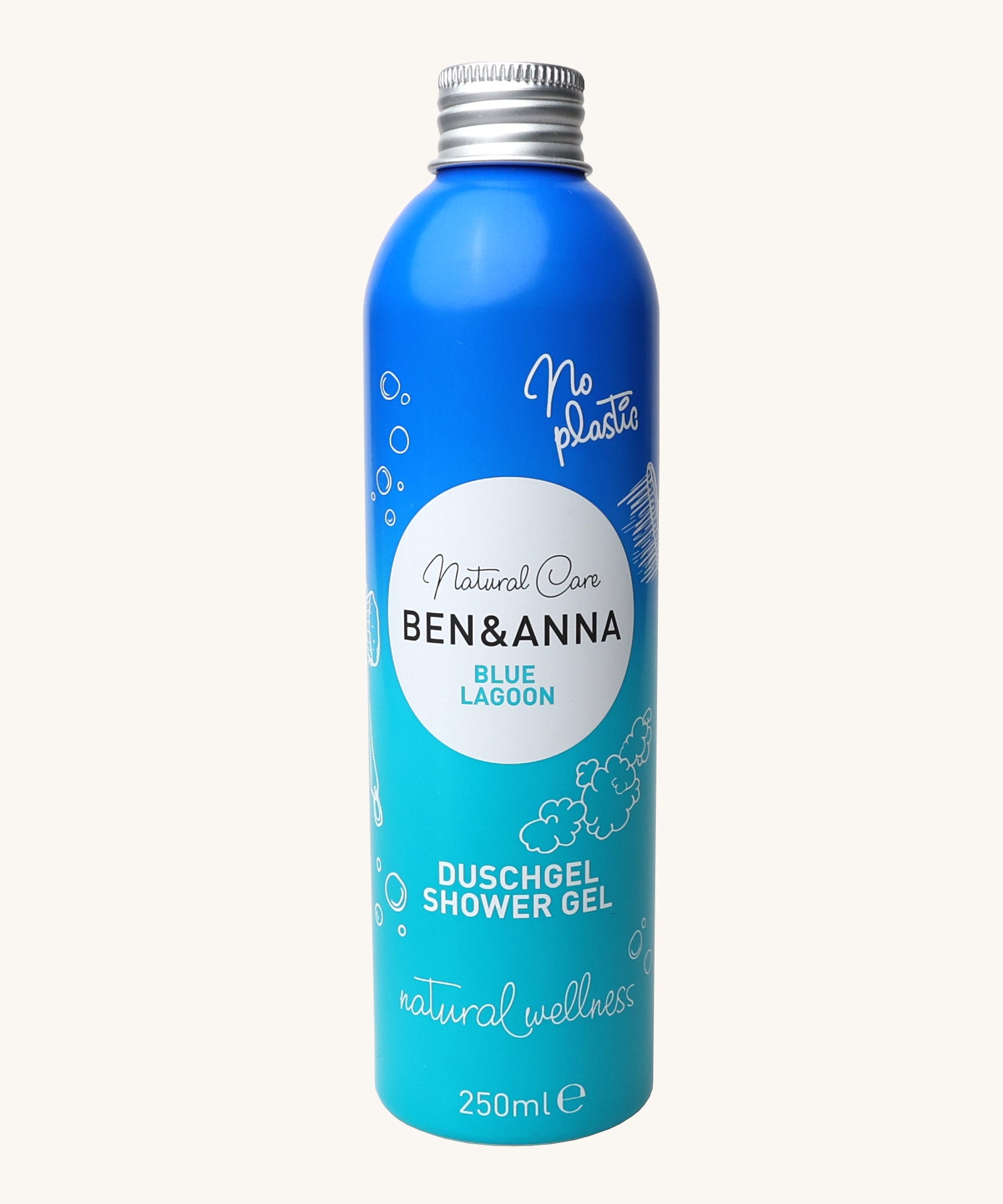 Ben and Anna shower gel in blue lagoon fragrance showing the playful design on a blue gradient aluminium bottle   