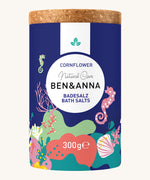 Ben & Anna cornflower bath salts showing the cork packaging with a under the sea design wrapped around the tub.