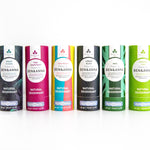 6 different scents of the Ben & Anna eco-friendly paper deodorant sticks lined up on a white background