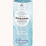 Ben & Anna Deodorant Paper Stick For Sensitive Skin - Highland Breeze 40g. A 100% Natural, Organic and Vegan deodorant in a recyclable paper tube, on a white background