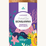Ben & Anna lavender bath salts showing the cork packaging with a playful under the sea design wrapped around the tub.