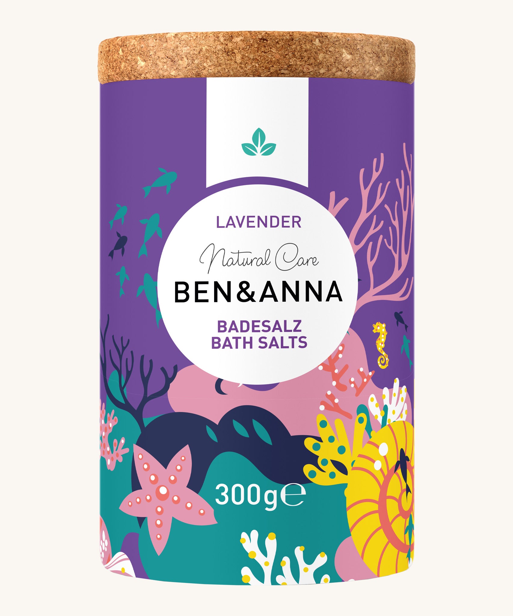 Ben & Anna lavender bath salts showing the cork packaging with a playful under the sea design wrapped around the tub.