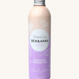 Ben and Anna shower gel in magnolia breeze fragrance showing the playful design on a lilac and peach gradient aluminium bottle   