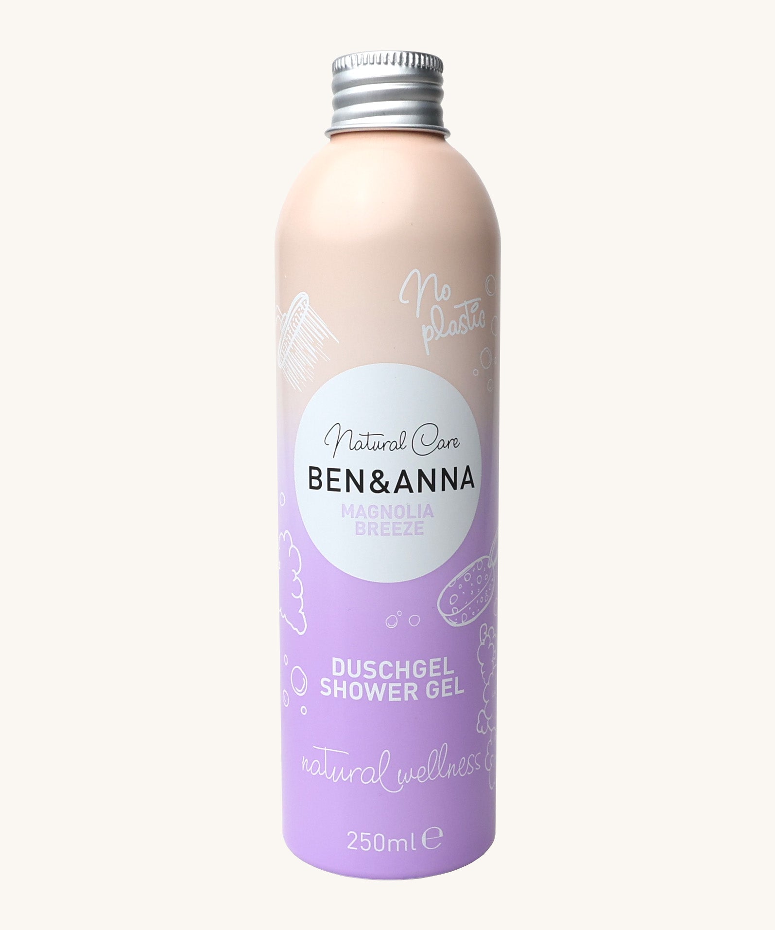 Ben and Anna shower gel in magnolia breeze fragrance showing the playful design on a lilac and peach gradient aluminium bottle   