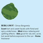 Infographic showing the main benefits of Bergamot essential oil.