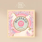 Close up of the gold unicorn design on the box for the Billes & Co mini Unicorn marbles set