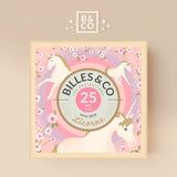 Close up of the gold unicorn design on the box for the Billes & Co mini Unicorn marbles set