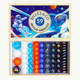 Billes & Co kids recycled glass Space Mission marbles set open on a white background showing the colourful marbles inside