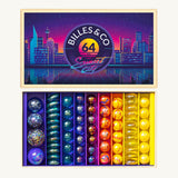 Billes & Co kids recycled glass Sunset City marbles set open on a white background showing the colourful marbles inside