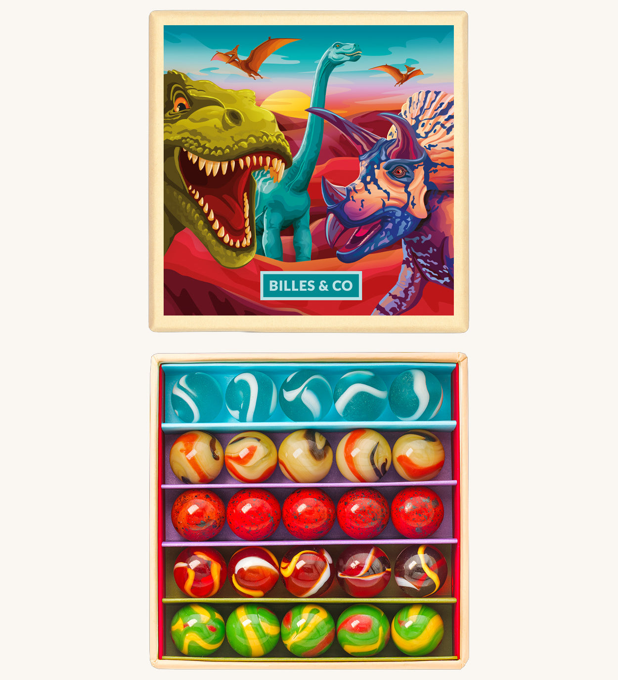 The opened Billes & Co collectible glass marbles minibox with a dinosaur theme showcasing the different coloured marbles inside, next to the colourful illustrated box.