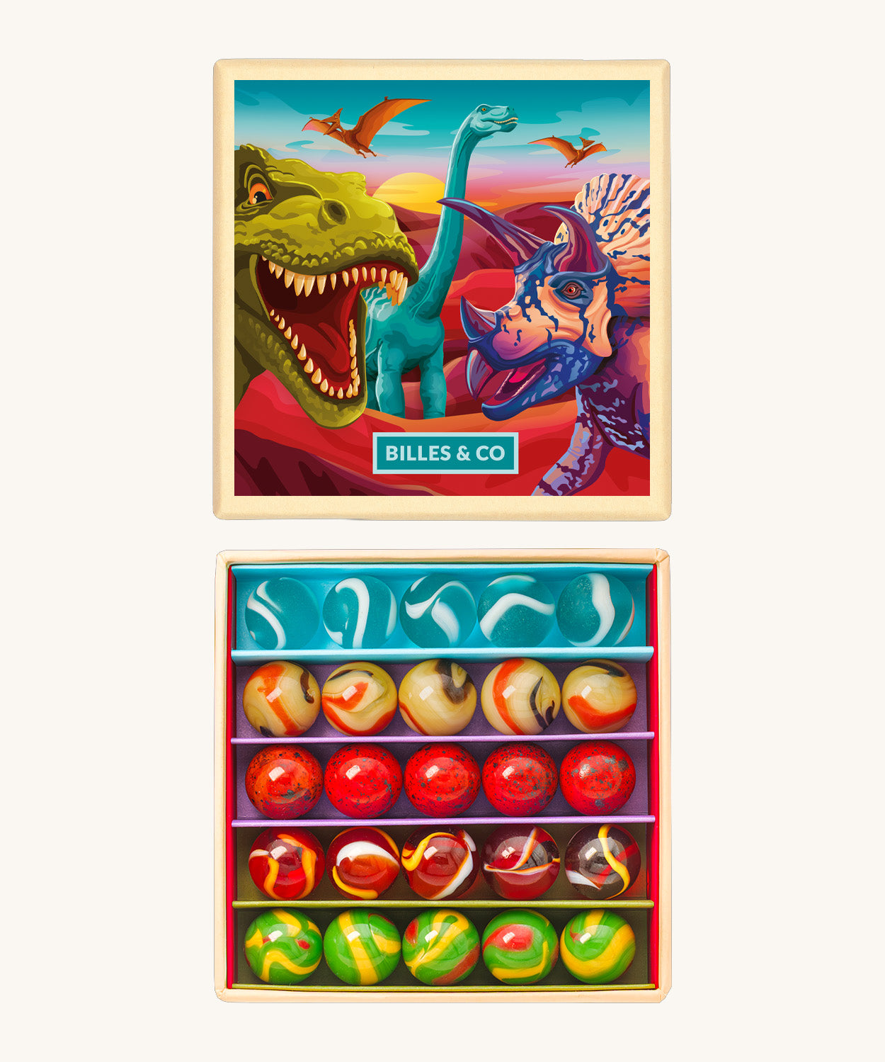 The opened Billes & Co collectible glass marbles minibox with a dinosaur theme showcasing the different coloured marbles inside, next to the colourful illustrated box.