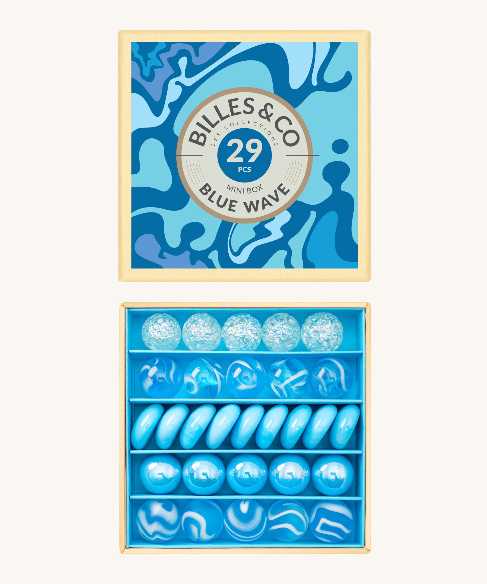 Billes & Co marbles in a orange wave inspired design. Features 29 blue and white glass marbles with a mixture of textured and flat marbles. Comes in a matching decorative box. 