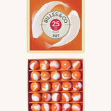 Billes & Co marbles in a koi inspired design. Features 25 orange and white glass marbles and a matching decorative box with 2 koi fish on top