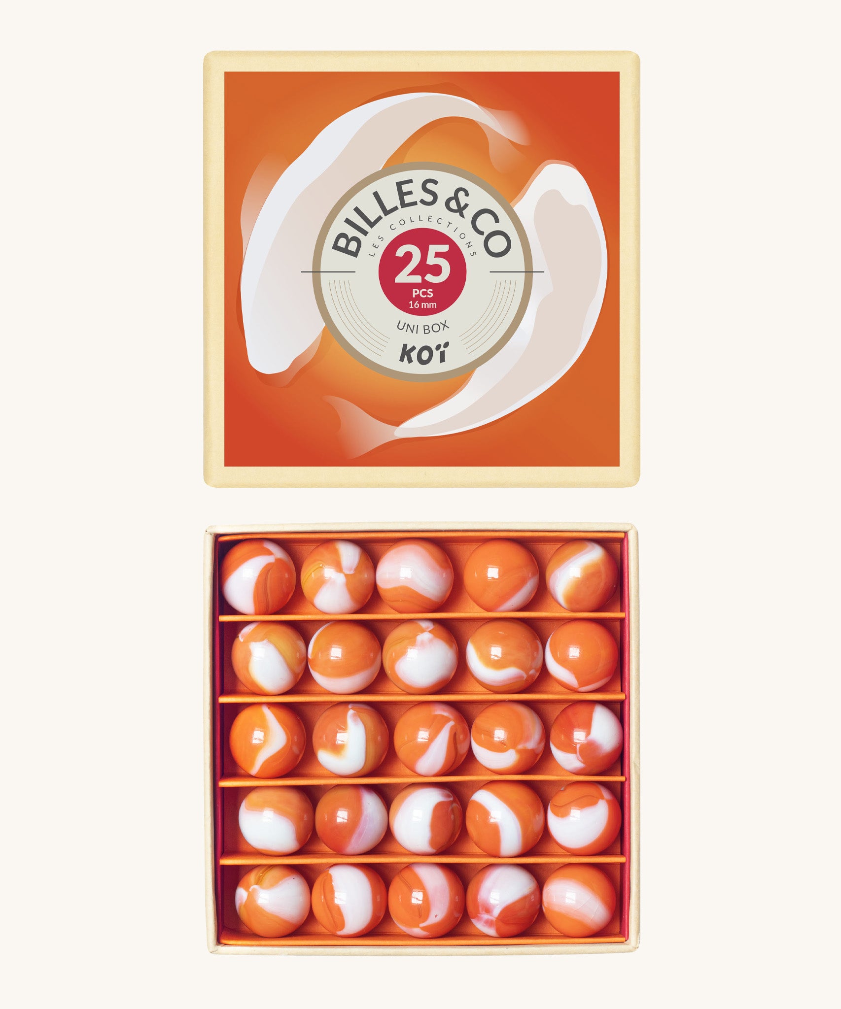 Billes & Co marbles in a koi inspired design. Features 25 orange and white glass marbles and a matching decorative box with 2 koi fish on top