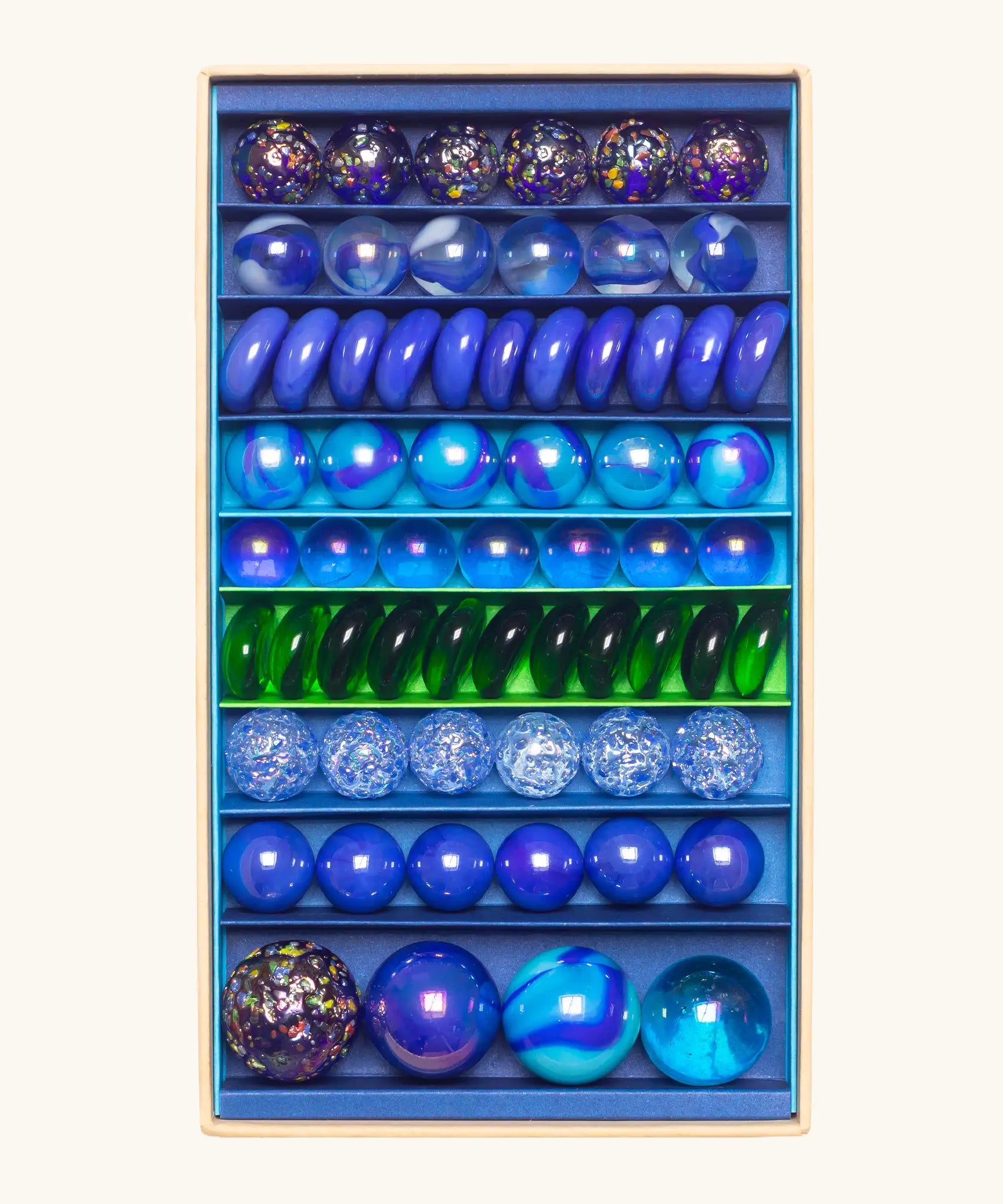 Billes & Co Yelena Matriochka doll inspired marbles in shades of blues and greens