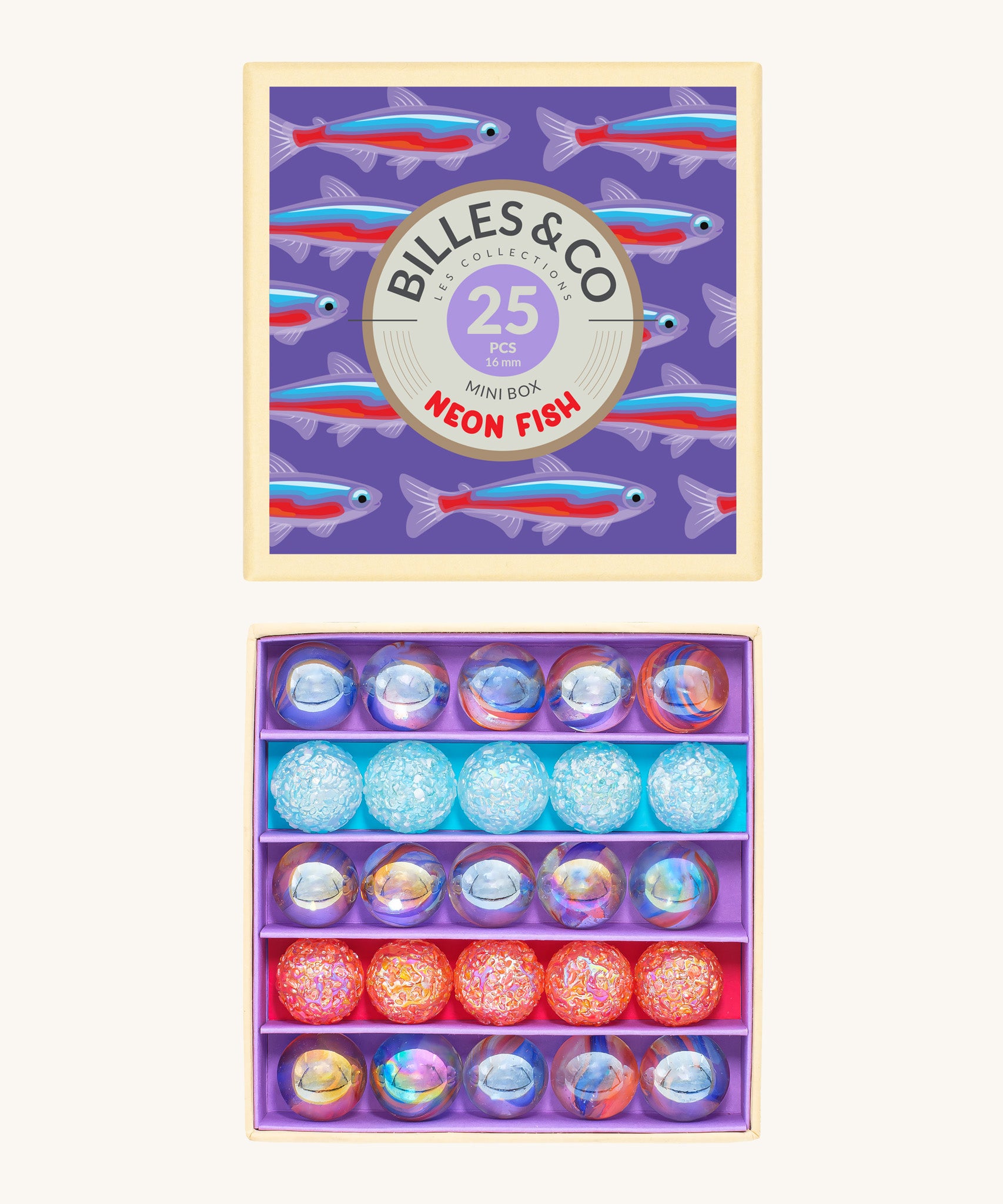 Billes & Co marbles in a neon fish inspired design. Features 25 pearlescent marbles with a mixture of glow in the dark glass marbles and a box with neon fish