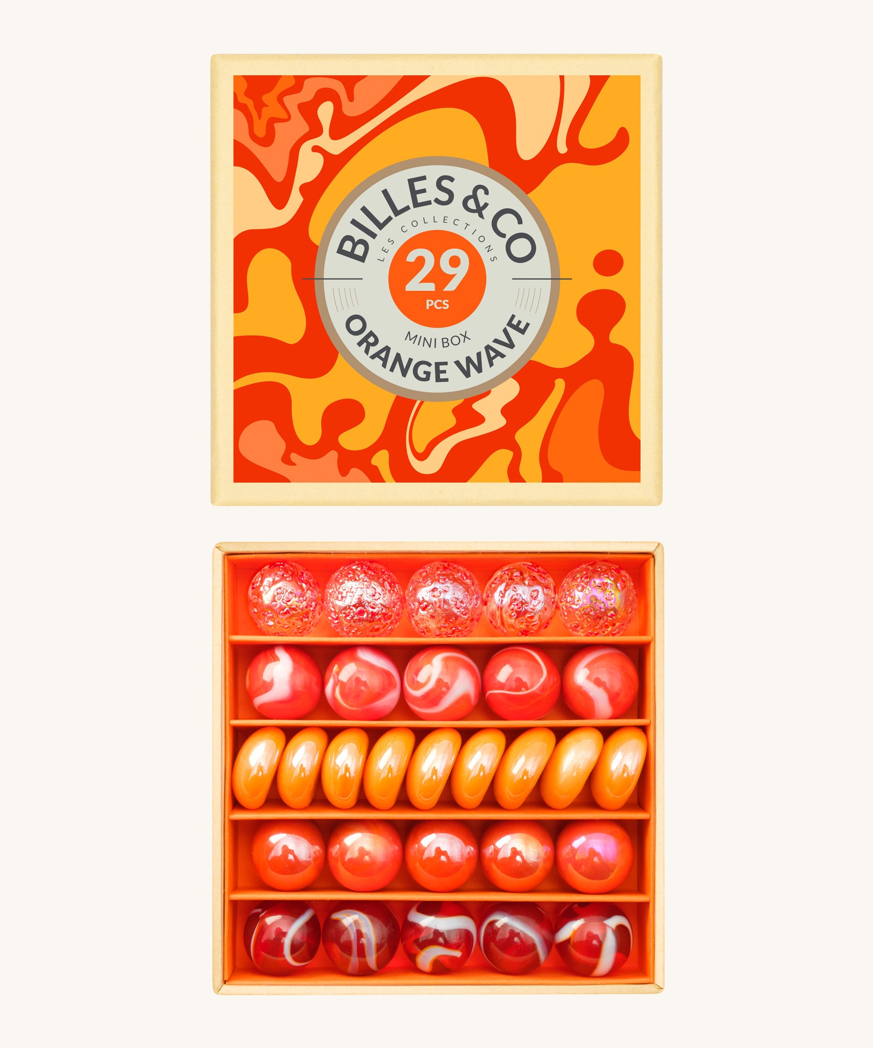 Billes & Co marbles in a orange wave inspired design. Features 29 orange and white glass marbles with a mixture of textured and flat marbles. Comes in a matching decorative box. 