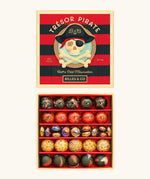 Billes & Co pirate treasure marble set showing 40 round and flat marbles in red, black and orange. Comes in a pirate decorated box