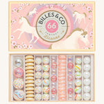 Billes & Co kids recycled glass Unicorn marbles box open on a cream background showing the marbles inside