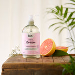 Bio-D bottle of geranium and grapefruit sanitising hand wash with pump with grapefruits