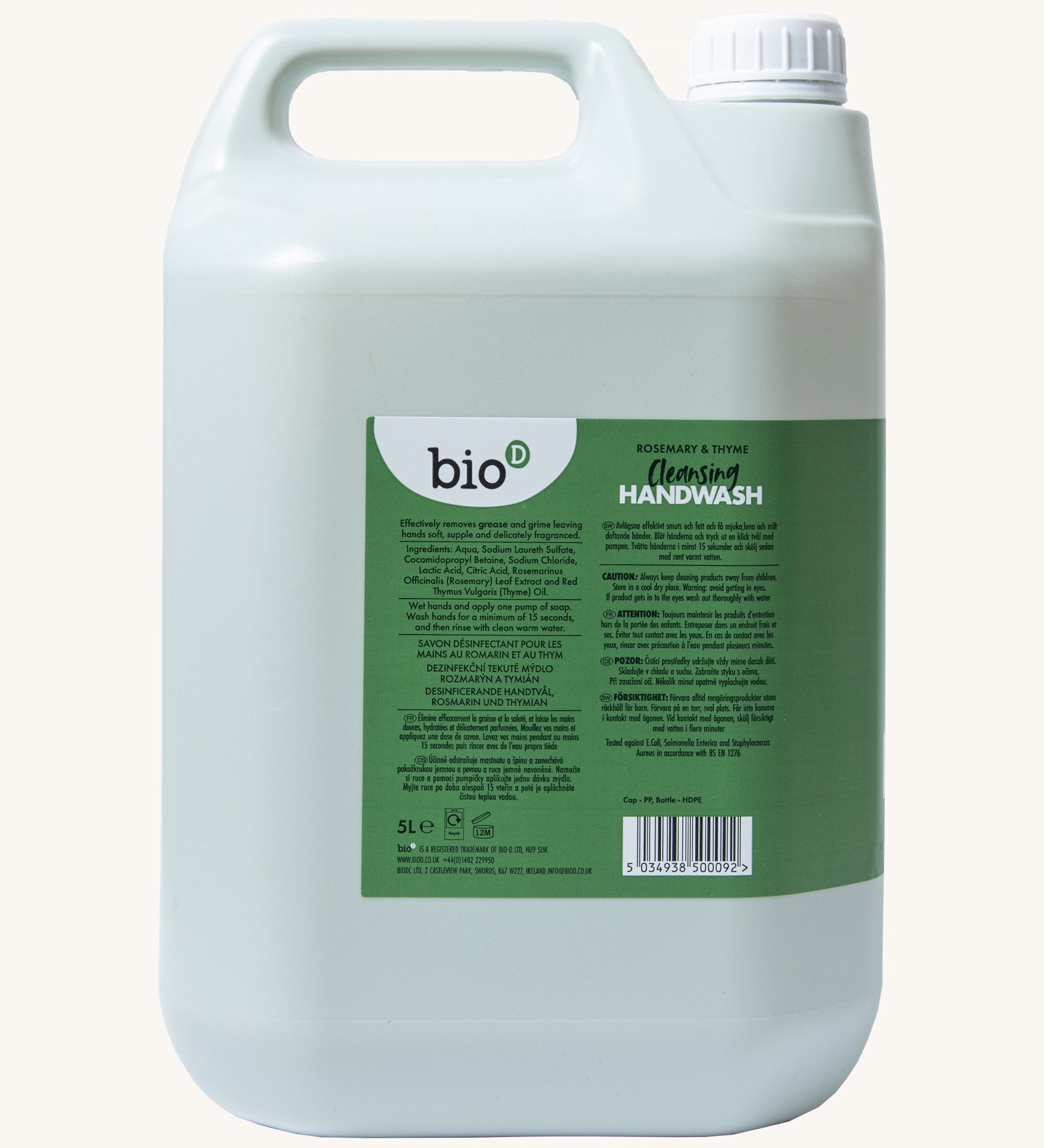 A side view of theA 5L bottle of the Bio-D handwash in rosemary & thyme fragrance. Features a handle for easy carrying.