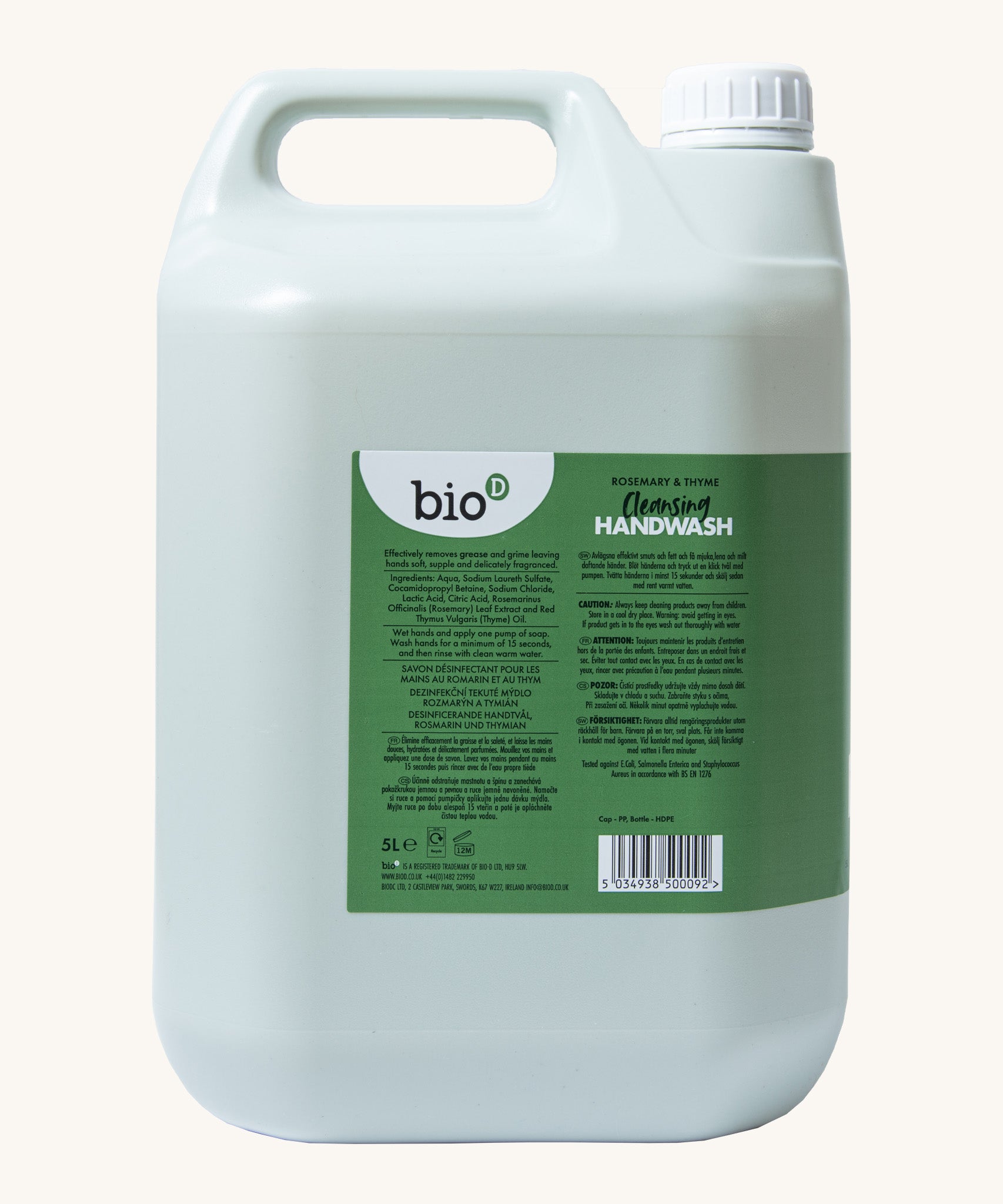 A side view of theA 5L bottle of the Bio-D handwash in rosemary & thyme fragrance. Features a handle for easy carrying.