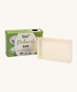 An open Bio-D dish washing soap available at Babipur. This bar is 90g and comes in a green decorated cardboard box 
