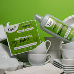 with Bio-D dish washing tablet creating arrows between both products