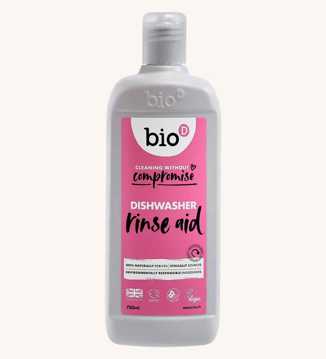 Bio-D 750ml bottle of dishwasher rinse aid pictured on a plain white background