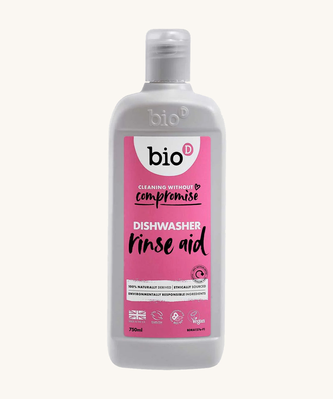 Bio-D 750ml bottle of dishwasher rinse aid pictured on a plain white background