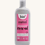 Bio-D 750ml bottle of dishwasher rinse aid pictured on a plain white background