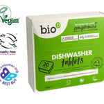 Bio D biodegradable dishwasher tablets on a white background next to the vegan