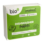 Box of Bio D eco friendly dishwasher tablets on a white background