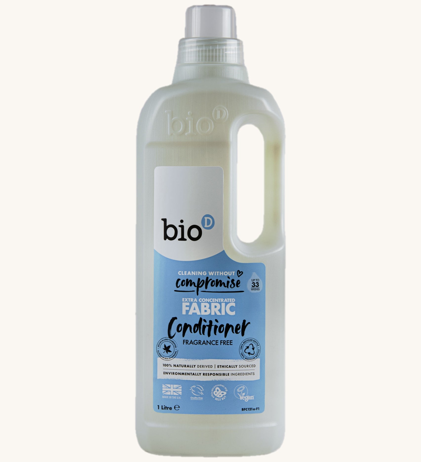 A 1L bottle of Bio-D fragrance free fabric conditioner available at Babipur. Features a cap for easy pouring and a handle for carrying.