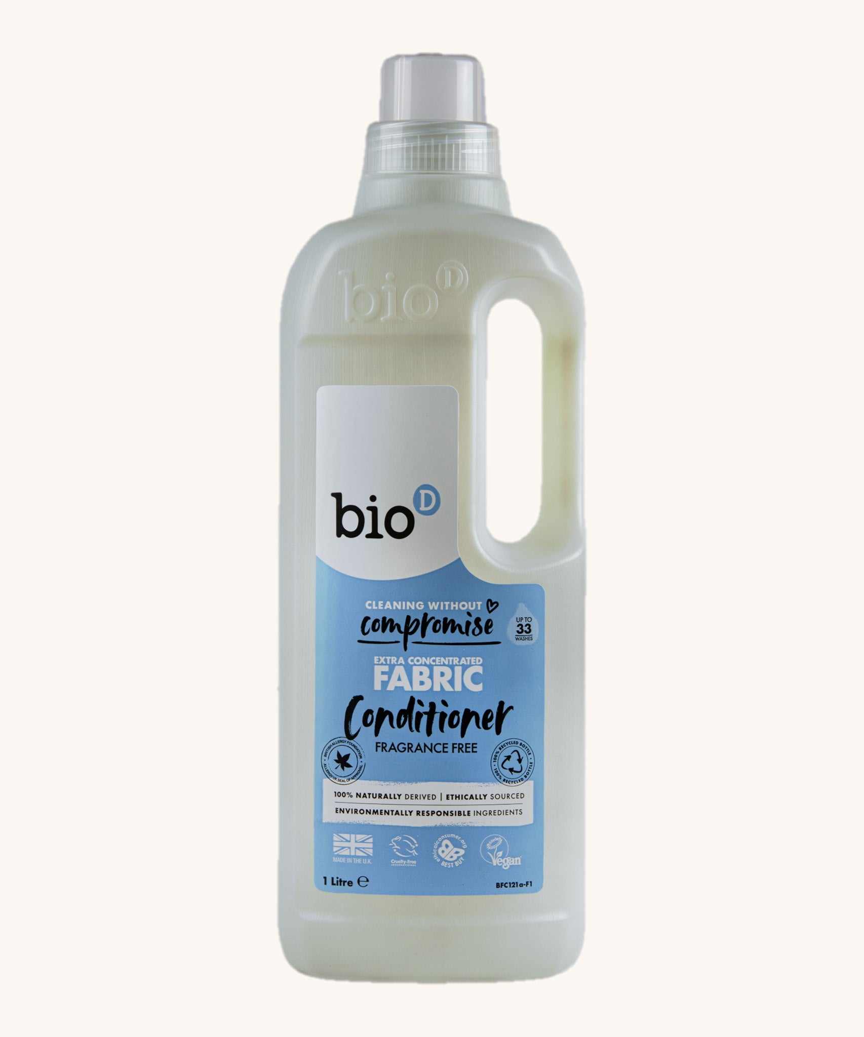 A 1L bottle of Bio-D fragrance free fabric conditioner available at Babipur. Features a cap for easy pouring and a handle for carrying.