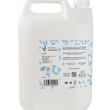 Side view of Bio-D fragrance free body wash 5 litre refill bottle showing usage instructions, ingredients and sustainability information.