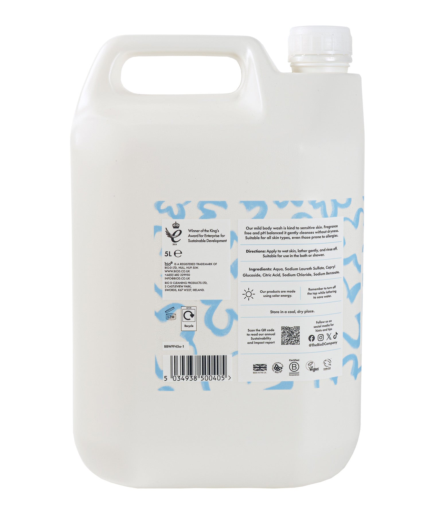 Side view of Bio-D fragrance free body wash 5 litre refill bottle showing usage instructions, ingredients and sustainability information.