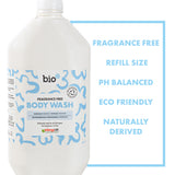 Bio-D fragrance free body wash 5 litre refill bottle for sensitive skin, with naturally derived formula and eco friendly refill size highlighted in text