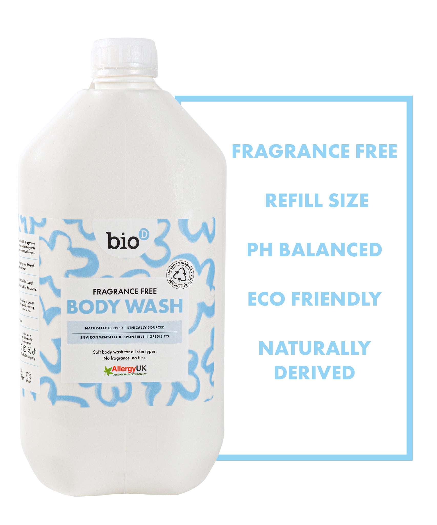 Bio-D fragrance free body wash 5 litre refill bottle for sensitive skin, with naturally derived formula and eco friendly refill size highlighted in text