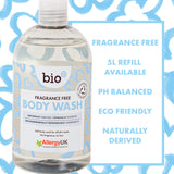 Bio-D fragrance free body wash 500ml bottle next to bold text highlighting the pH balanced formula, natural ingredients, and eco-friendliness.