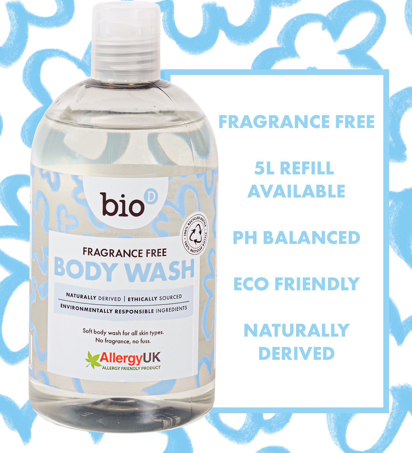 Bio-D fragrance free body wash 500ml bottle next to bold text highlighting the pH balanced formula, natural ingredients, and eco-friendliness.