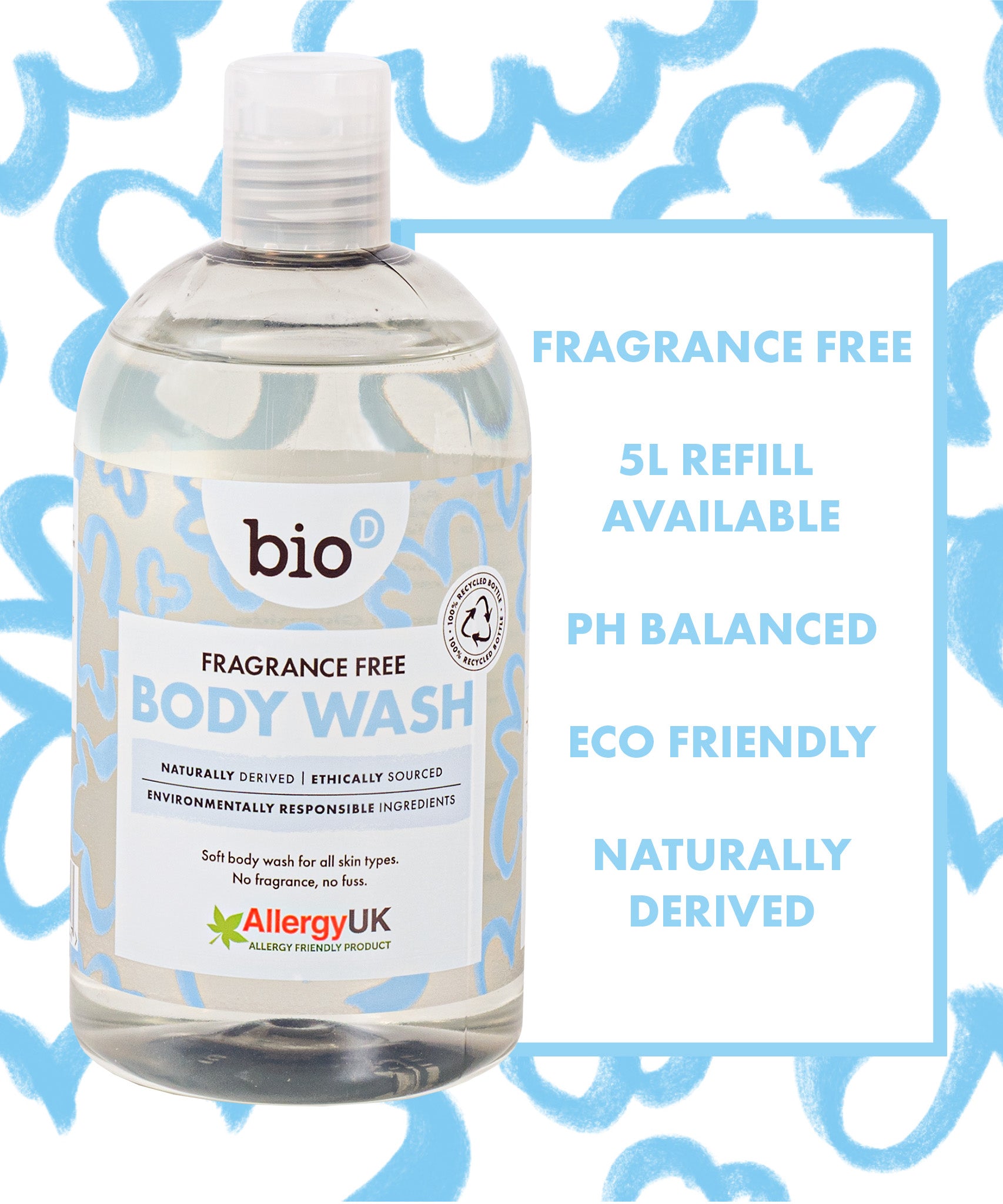 Bio-D fragrance free body wash 500ml bottle next to bold text highlighting the pH balanced formula, natural ingredients, and eco-friendliness.