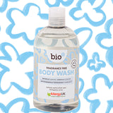 Bio-D fragrance free body wash 500ml bottle for sensitive and allergy prone skin, with Allergy UK approval on the label.