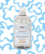 Bio-D fragrance free body wash 500ml bottle for sensitive and allergy prone skin, with Allergy UK approval on the label.